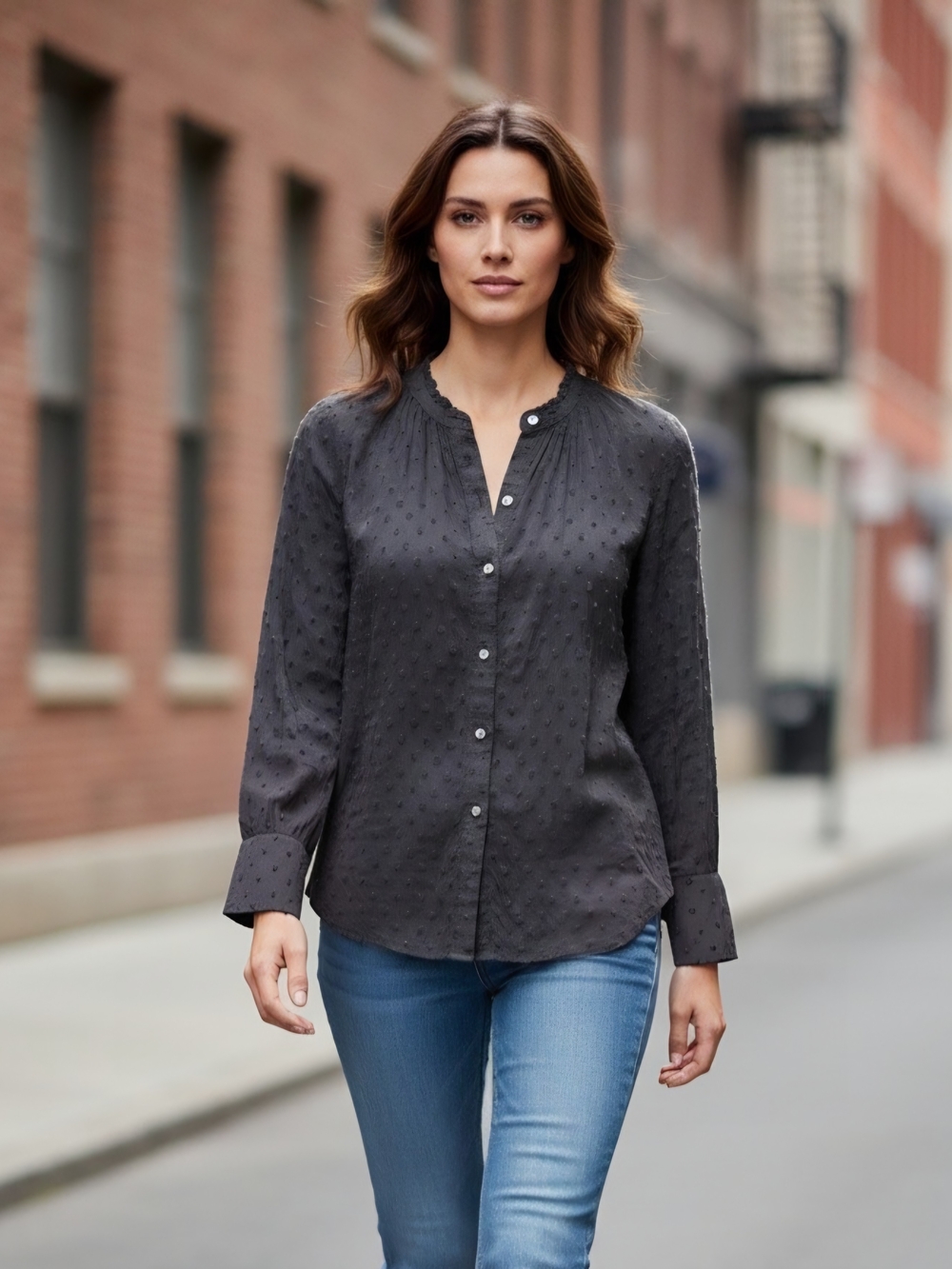 LOFT Womens XS Chic Embroidered Black Dot-Textured Button-Down Blouse